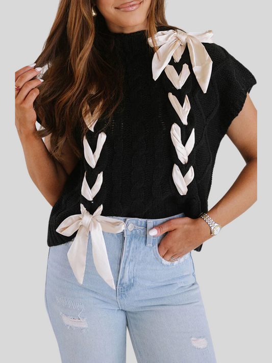 Black Cable Knit Colorblock Satin Bowknot Short Sleeve Sweater