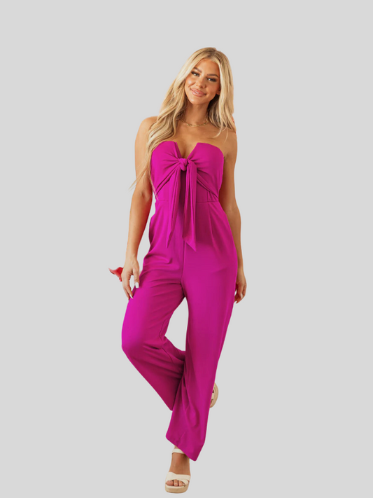 Bright Pink Bowknot Strapless Wide Leg Jumpsuit