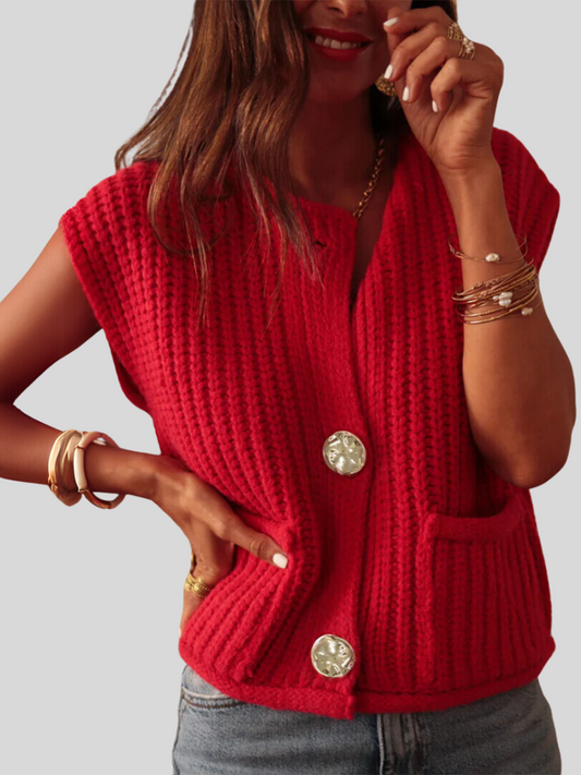 Fiery Red Solid Textured Knit Side Pockets Buttoned Sweater Vest