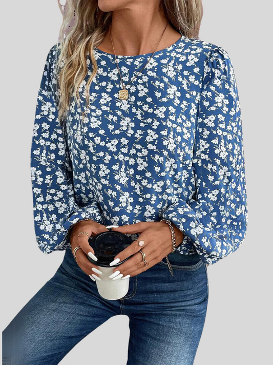 Blue Ditsy Floral Print Lantern Sleeve Blouse