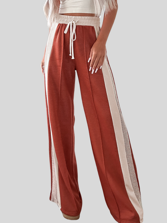 Flamingo Color Block Drawstring High Waist Wide Leg Pants